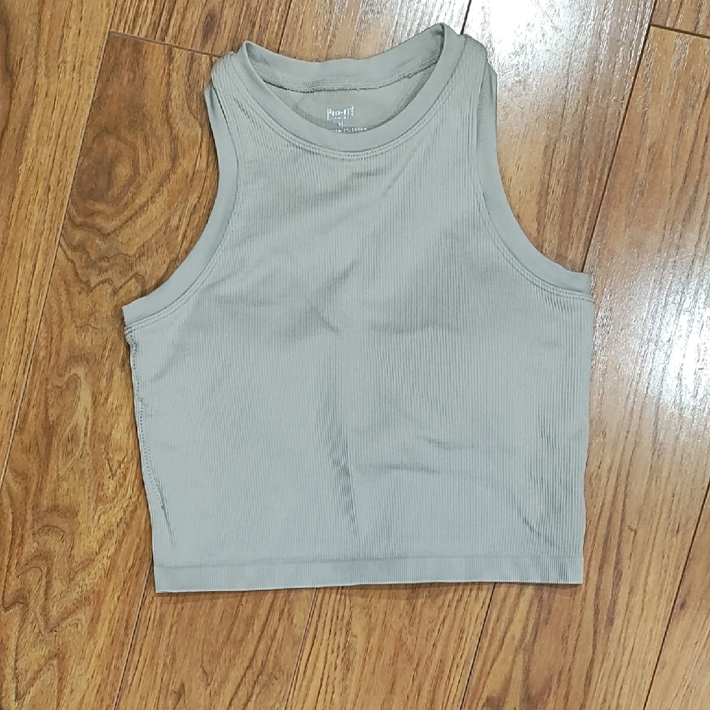 Beige Ribbed Sleeveless Crop Top